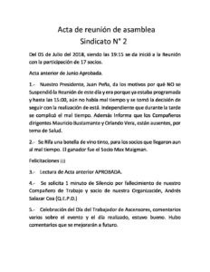 Acta de reunión de asamblea Mes de Julio 2018 – SINDICATO Nº2 SCHINDLER